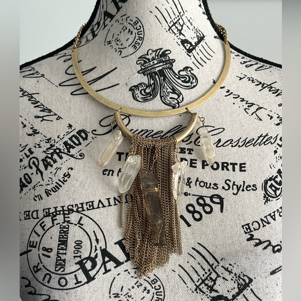 Gold Tone Fringe Statement Necklace with Quartz Points Witch Boho Ritual Style